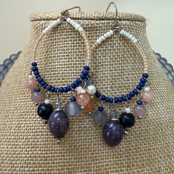 Chunky Beaded Necklace Hoop Earrings Set Gemstone Shell, Coastal, Beachy, Vacay - Picture 2 of 9